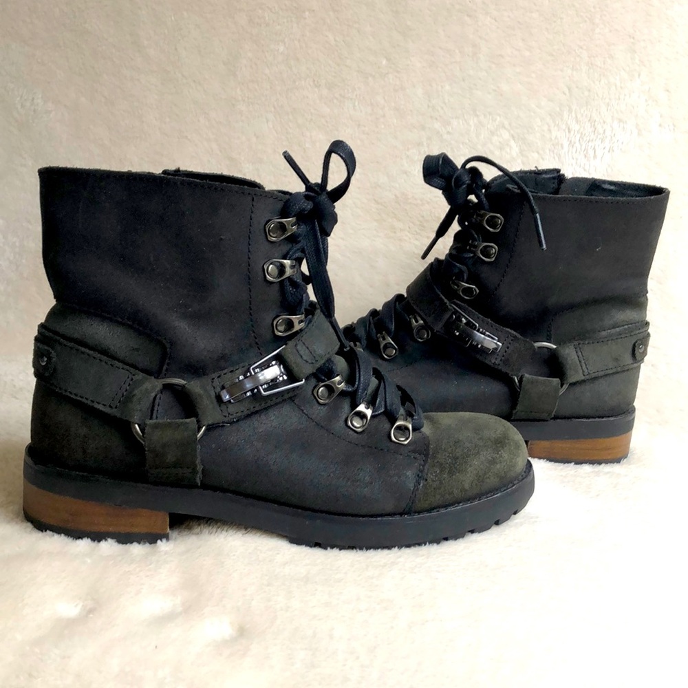 Ugg Fritzi Leather Moto Harness Suede Laceup Boot Women 7.5 Green Black